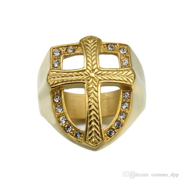 

stainless steel mens cross rings white crystal rhinestones diamond hip hop shield shaped rings for men s hiphop jewelry accessories, Silver