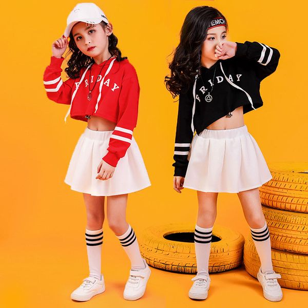 

children hip hop clothing cropped hoodie sweatshirt shirt skirt white for girls dance costume wear ballroom dancing clothes, Black;red