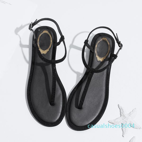 

2019 ankle-strap shoes women flat sandals crystal band summer shoes girl flip flops big size bohemia c04, Black
