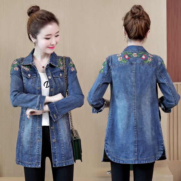 

2019 autumn embroidery jeans jacket women for autumn female jeans jackets long winter women coat jacket plus size s-3xl 4xl 5xl, Black;brown