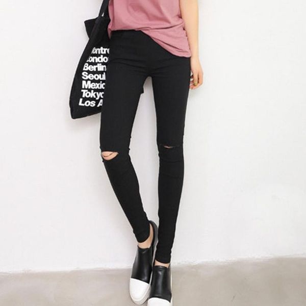 

Cotton High Elastic Imitate Jeans Women Knee Skinny Pencil Pants Slim Ripped Jeans for Women Black Ripped Jeans S-XL