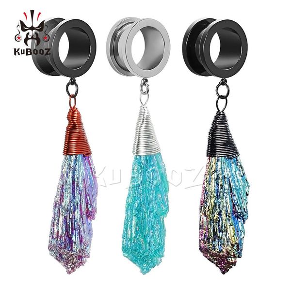 

kubooz screw dangle ear plugs piercing tunnels fashion body jewelry steel crystal eardrop earrings gauges expander women gift, Slivery;golden