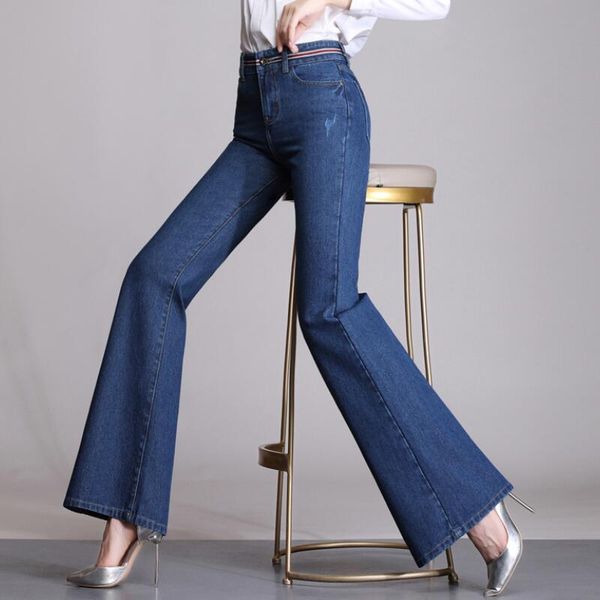 

new autumn women fashion pants one button scratched flare jeans lady color block long casual jeans size 26-34, Blue