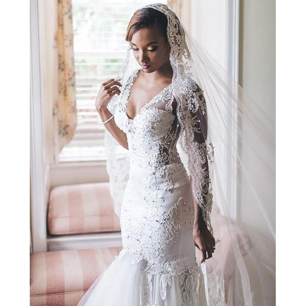 

african mermaid wedding dresses deep v neck lace applique chapel train beaded crystals wedding dress bridal gowns vestidos, White