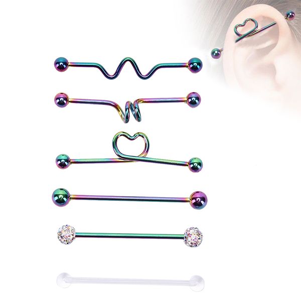 

6pcs/set stainless steel industrial barbell earrings heart arrow rainbow ear cartilage helix-conch piercing jewelry, Slivery;golden
