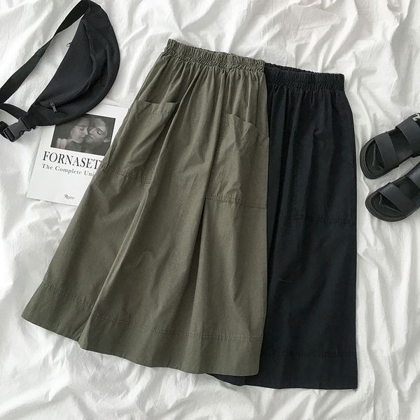 

2020 summer women's safari-style elastic high waist mid-length skirt, Black