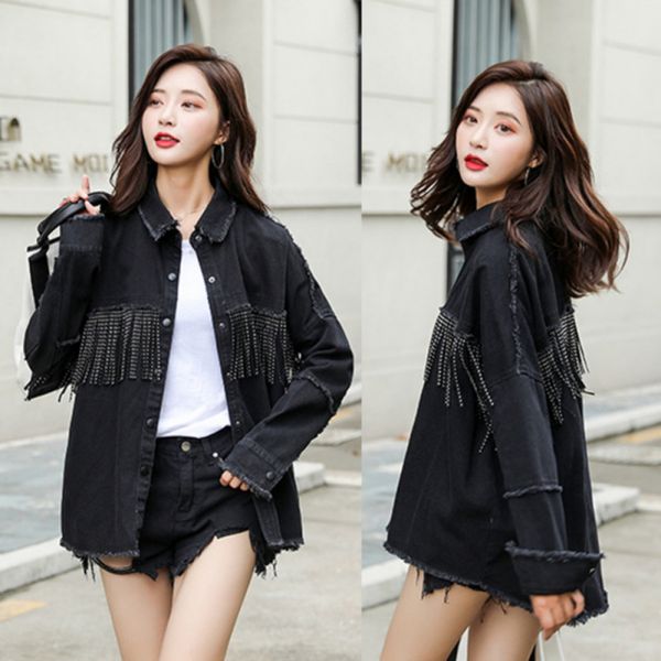 

fashion autumn women beaded tassel black jacket loose slim fit patchwork denim coat clothes