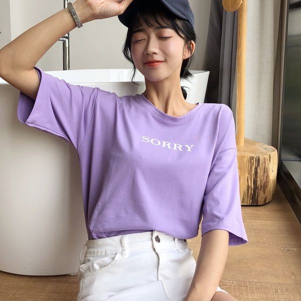 

women women t shirt summer korean casual loose purple women letter t shirts printing funny tee shirt clothes short sleeve, White