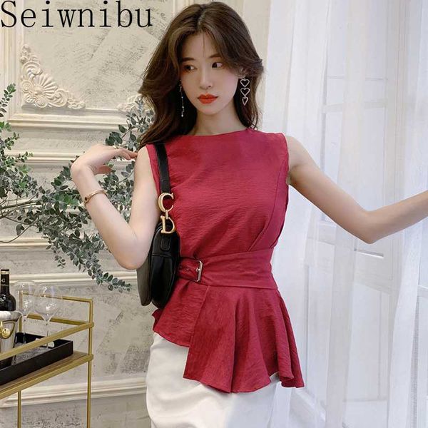 

2020 женщины моды рубашки o-образным вырезом без рукавов belted баски блуза chic плюс размер summer tops femme chemise blusas высокое качест, White