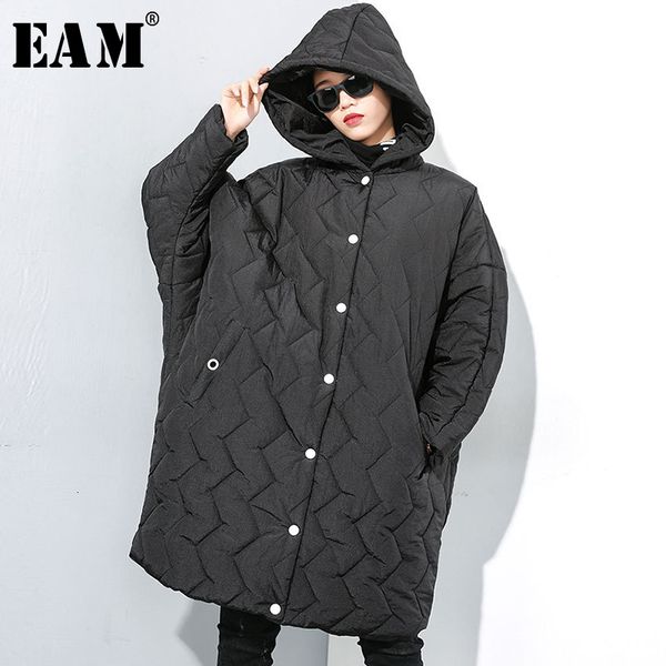 

eam] hooded oversized long cotton-padded coat long sleeve loose fit women parkas fashion tide new autumn winter 2019 19a-a255, Black