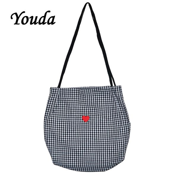 

youda vintage cute girl's tote decorative plaid canvas women bag embroidery patch portable women's shopping bags classic handbag