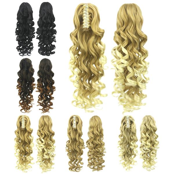 

deep wave hair ponytail clips in hair extensions fashion curly hair pieces 24inch 180g drawsring pony tails grasp 5 colors bundles synthetic, Black