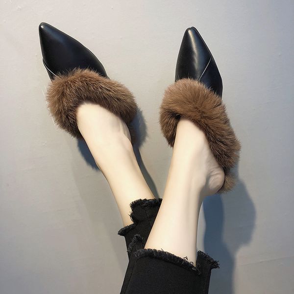 

pointed toe women fur slippers winter warm cotton sheep home indoor plush fuzzy slippers outside black furry slides house shoes