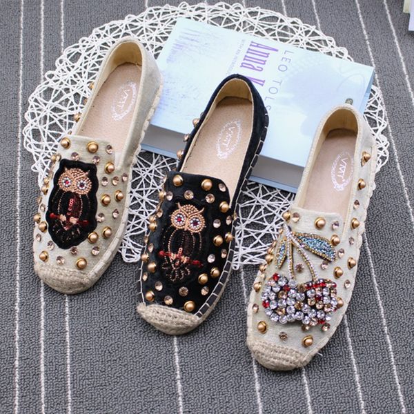 

spring fashion handmade straw women's espadrilles rivet rhinestone fisherman shoes pregnant women flat shoes women, Black