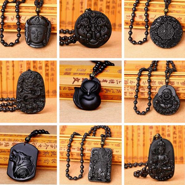 

chinese handmade natural black obsidian carved buddha lucky amulet round necklace pendant lucky pendant necklace fashion jewelry, Silver