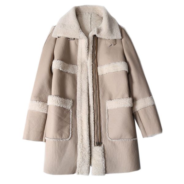 

2019 coat female winter loose thick warm lamb fur solid color zipper lapel casual double pocket long sleeve long wool parka, Black