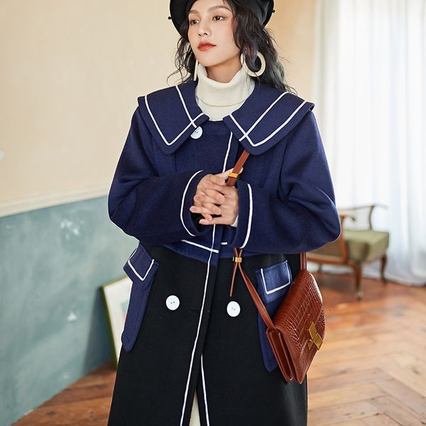 

tvvovvin 2020 navy collar ladies woolen coat winter new korean version of the long loose double-breasted woolen coat pc248, Black