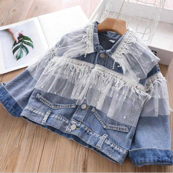 

fashion spring and autumn denim jacket girls lace beading coats baby children long sleeve princess outerwear, Blue;gray