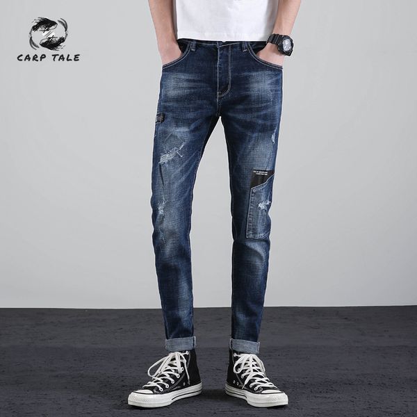

spring and summer new street wind splicing trend men's jeans fashion cone-shaped hole jeans men, Blue