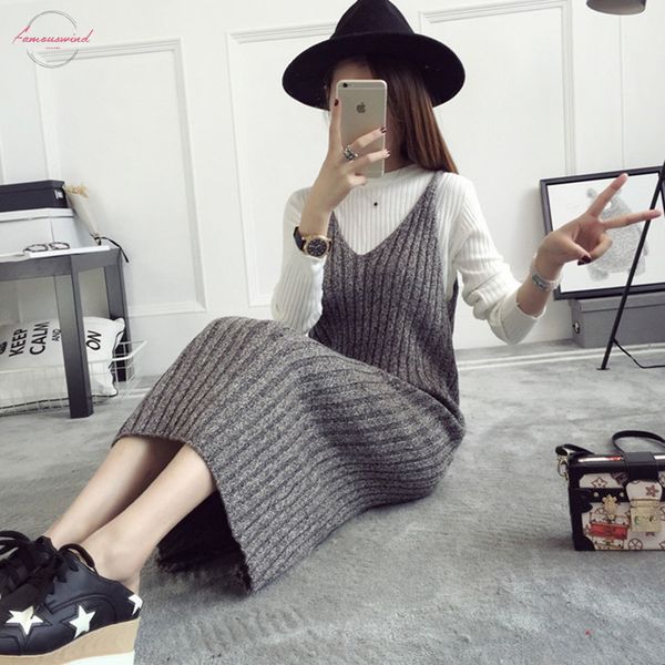 

autumn new womans strap knit dress solid color twill female straight knitted midi dress all match winter basic casual spaghetti dress, Black;gray