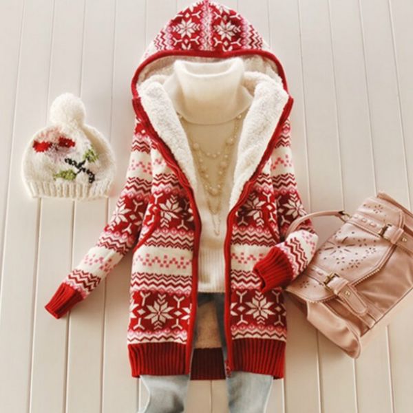 

women thick fleece knitted hooded cardigans snowflake crocheted sweaters coat slim long sleeved thickening velvet winter, White