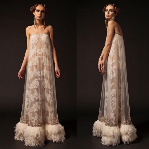 

krikor jabotian 2019 feather prom dresses strapless lace applique a line beaded formal party dress vintage backless pageant evening gowns, Black