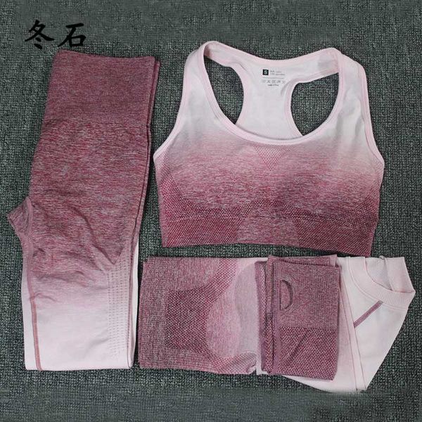 

3pcs yoga set sports bra seamless high waist leggings long sleeve crop women running gym clothing fitness sports suit, White;red
