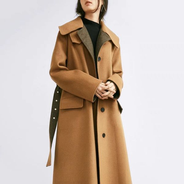 

2018 winter new retro plaid contrast color large lapel wool coat women's long coat, Tan;black