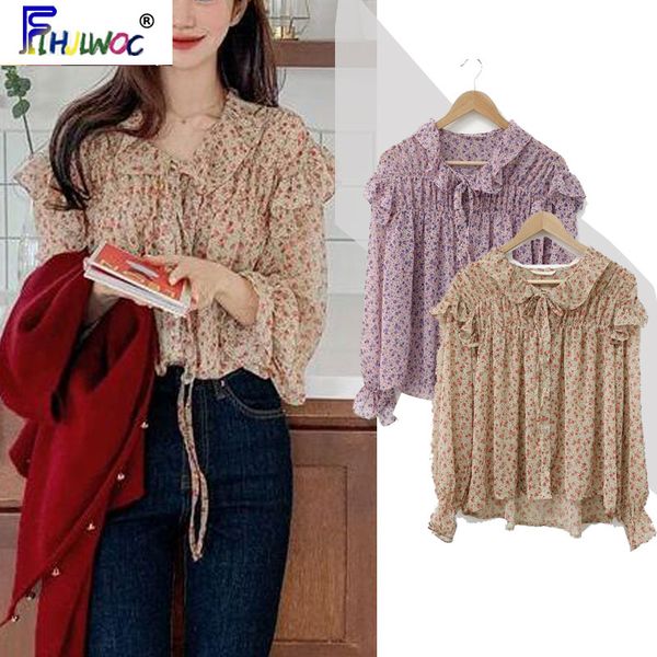

ruffled women loose cute japanese korean flhjlwoc preppy style date floral printed vintage blouse shirts purple pink 4910, White