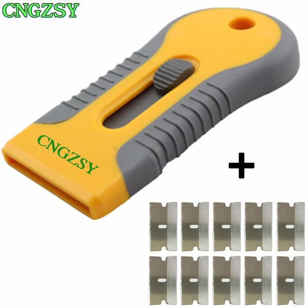 

plastic handy razor scraper + 10pcs single edge stainless blades glass oven removal tool car wrapping glue cleaning scraper k07