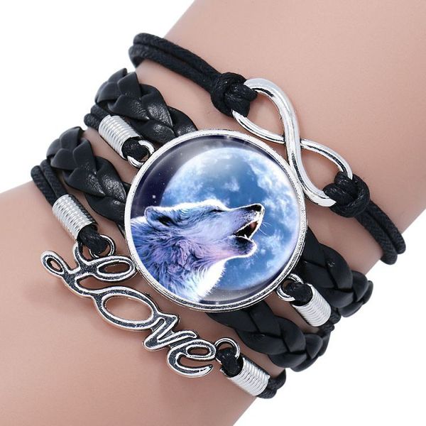 Novo bracelete trançado de couro Wolf and Full Moon para mulheres, homens, vidro, amor, infinito, cabochão, charme, pulseira, moda, joias faça você mesmo