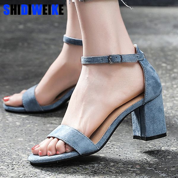 

blue gladiator sandals summer office high heels shoes woman buckle strap pumps casual women shoes plus size 35-40 5cm 7cm t200529, Black