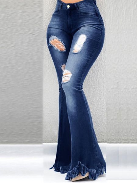

women ripped jeans flare pants spring summer trousers high waist tassel black denim pants blue skinny vintage casual bellbotoms