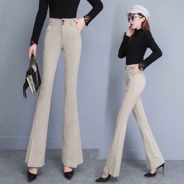 

women 2020 autumn winter high casual female skinny trousers elegant office lady elastic waist flare hem pants, Black;white