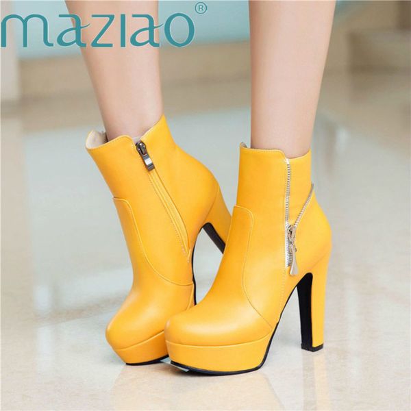

women boots fashion platform 4 colors square super high heels ankle boots zipper woman ladies shoes big size 33-50 maziao, Black