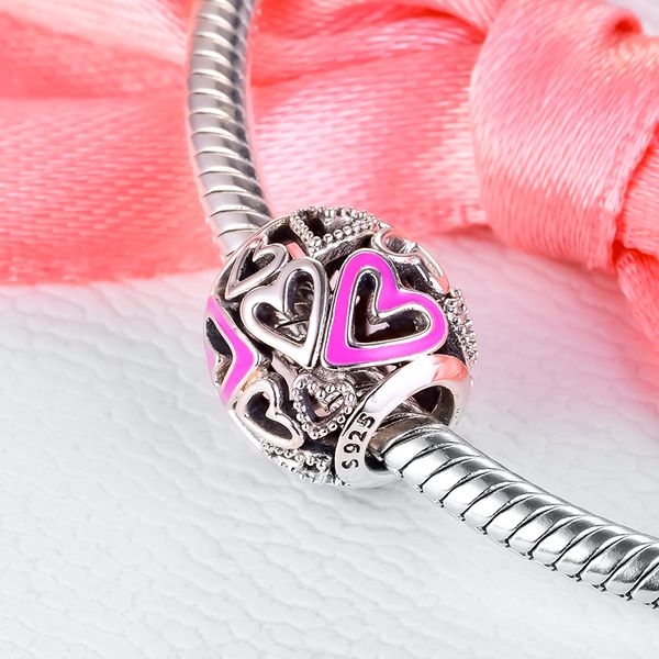 

2020 новый подлинные 925 sterling silver pink ажурного freehand сердце шарики шармов приспосабливать браслет из бисера ожерелье diy для женщ, Bronze;silver