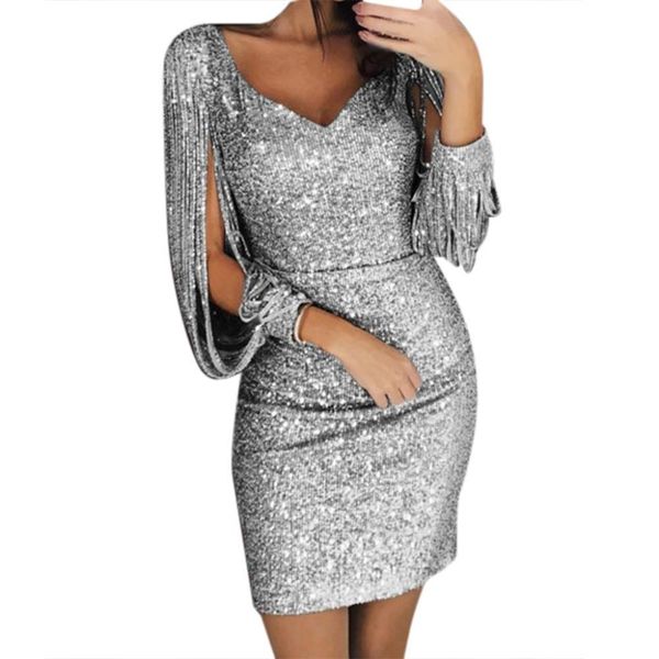 

fashion women v ncek solid sequined glitter stitching shining club sheath long sleeved mini dress for female, Black;gray