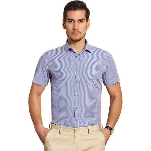 

men short-sleeve regular-fit business casual-shirts turndown-collar easy-care striped / plaid style with chest pocket, White;black