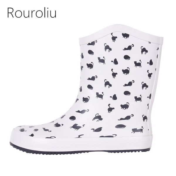 

rouroliu women spring autumn non-slip waterproof water shoes wellies fashion comfortable mid-calf cat rainboots woman rb224, Black