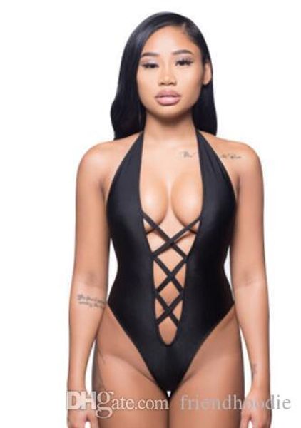 

women one piece bikini solid color bandage lace up halter, White;black