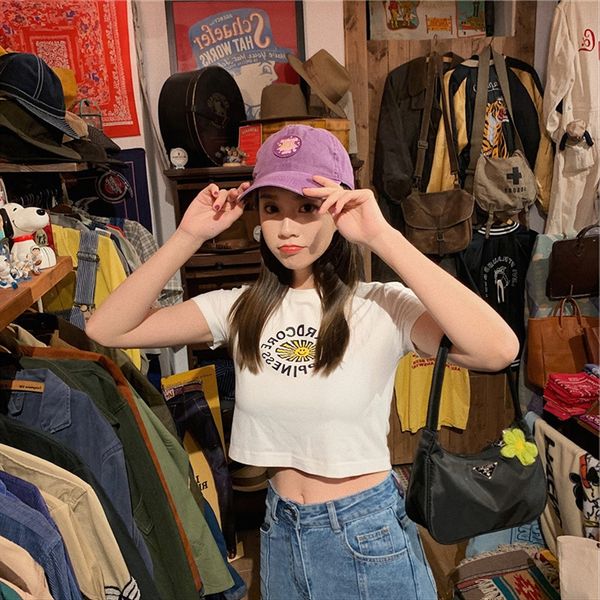 

2020 summer printing slim short-sleeved white t- white t-shirt chaoa neared navel round neck base shirt female