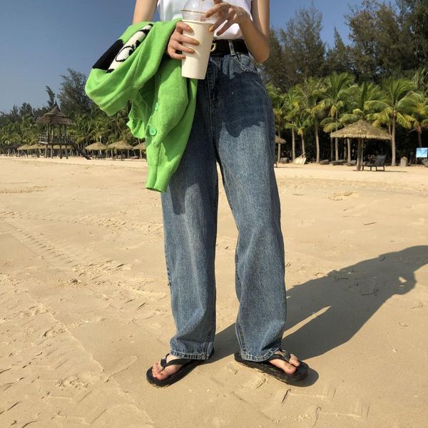 

unique] 2019 new style high-waisted wide-leg loose-fit jeans women's korean-style straight-cut slimming summer thin ankle-lengt, Blue