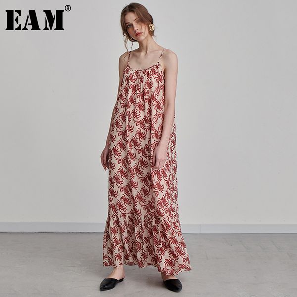 

eam] women pattern printed ruffles long dress new round neck sleeveless loose fit fashion tide spring autumn 2020 1s525, Black;gray