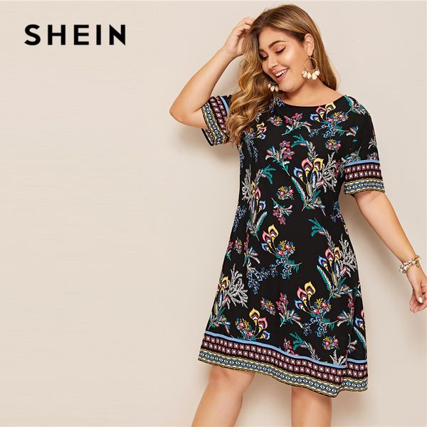 

shein plus size tribal and botanical print boho dress 2019 women summer tunic short sleeve straight shift geometric midi dresses, Black;gray