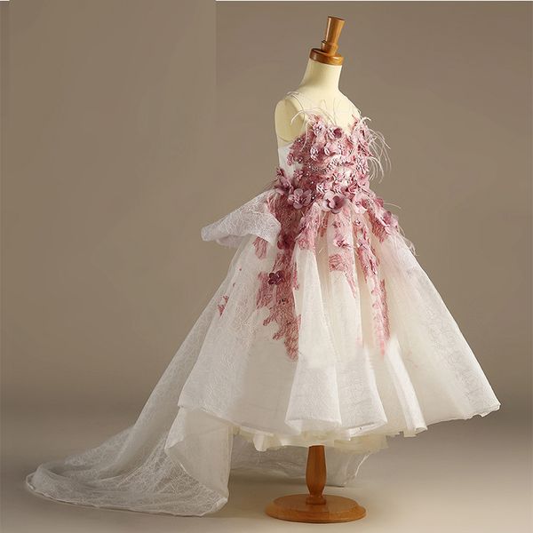 

new girl' pageant dresses flower girl dresses appliques ball gown ruffles sleeveless pageant communion party dress with feathers custo, White;red