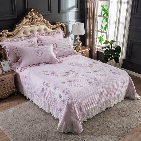 

pink flowers printing cotton/linen lace quilt set 3pcs comfortable quilted bedspread bed cover bed sheet blanket pillowcases