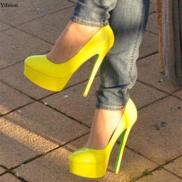 

yifsion new women platform pumps stiletto high heels pumps round toe gorgeous yellow orange shoes women plus us size 5-15, Black