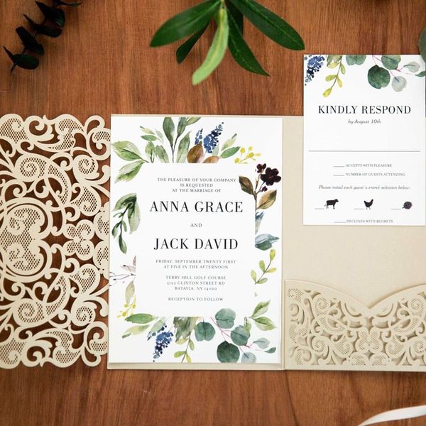 

(100 pieces/lot) personalized champagne wedding invitation card with reply card business birthday party laser invitations ic136