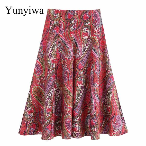 

new women vintage paisley floral print midi skirt faldas mujer ladies back zipper vestidos retro casual big swing skirts, Black