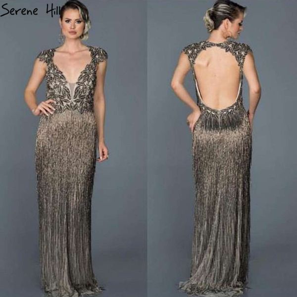 

dubai luxury v-neck silver evening dresses 2019 long sleeves beading tassel evening gowns serene hill la70061, White;black